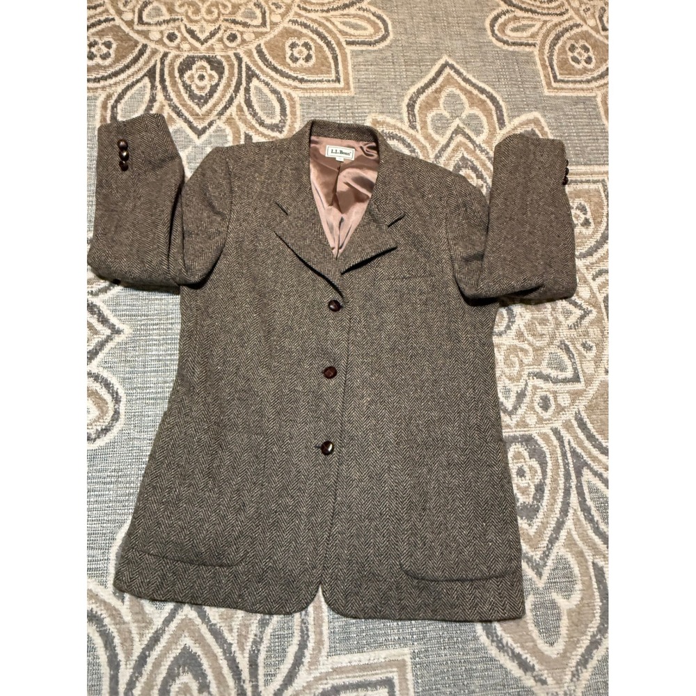 LL Bean Vintage Brown Herringbone Wool Blazer Jacket Womens Size 12 3-Button